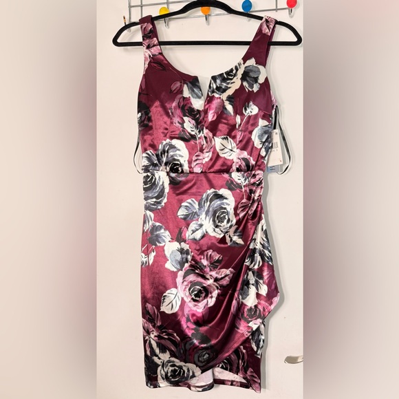 BCX Dresses & Skirts - BCX Floral Satin Dress - Burgundy and Gray
